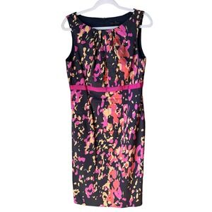 David Meister Sleeveless Sheath Dress Vibrant Abstract Floral Black Pink Size 10